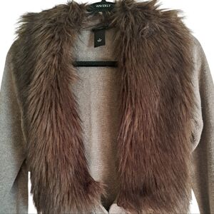 ANN TAYLOR Faux Fur Collar Tie Belt Taupe Long Cardigan Size S